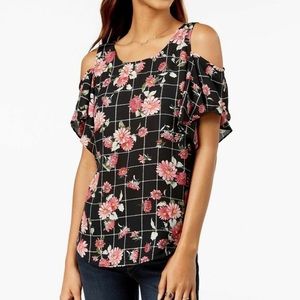 BCX Cold-Shoulder Black And White
Plaid Floral Short Sleeve Top Size Small